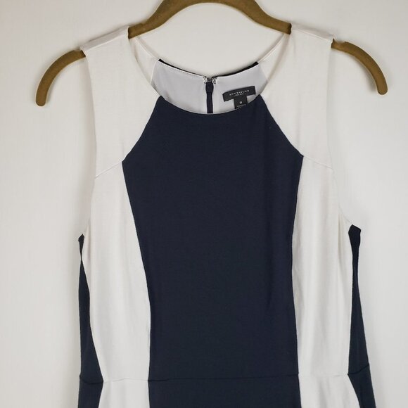 Ann Taylor Dress Slimming Colorblock Shaping Navy White Jersey Sheath Size 8 - Picture 3 of 6